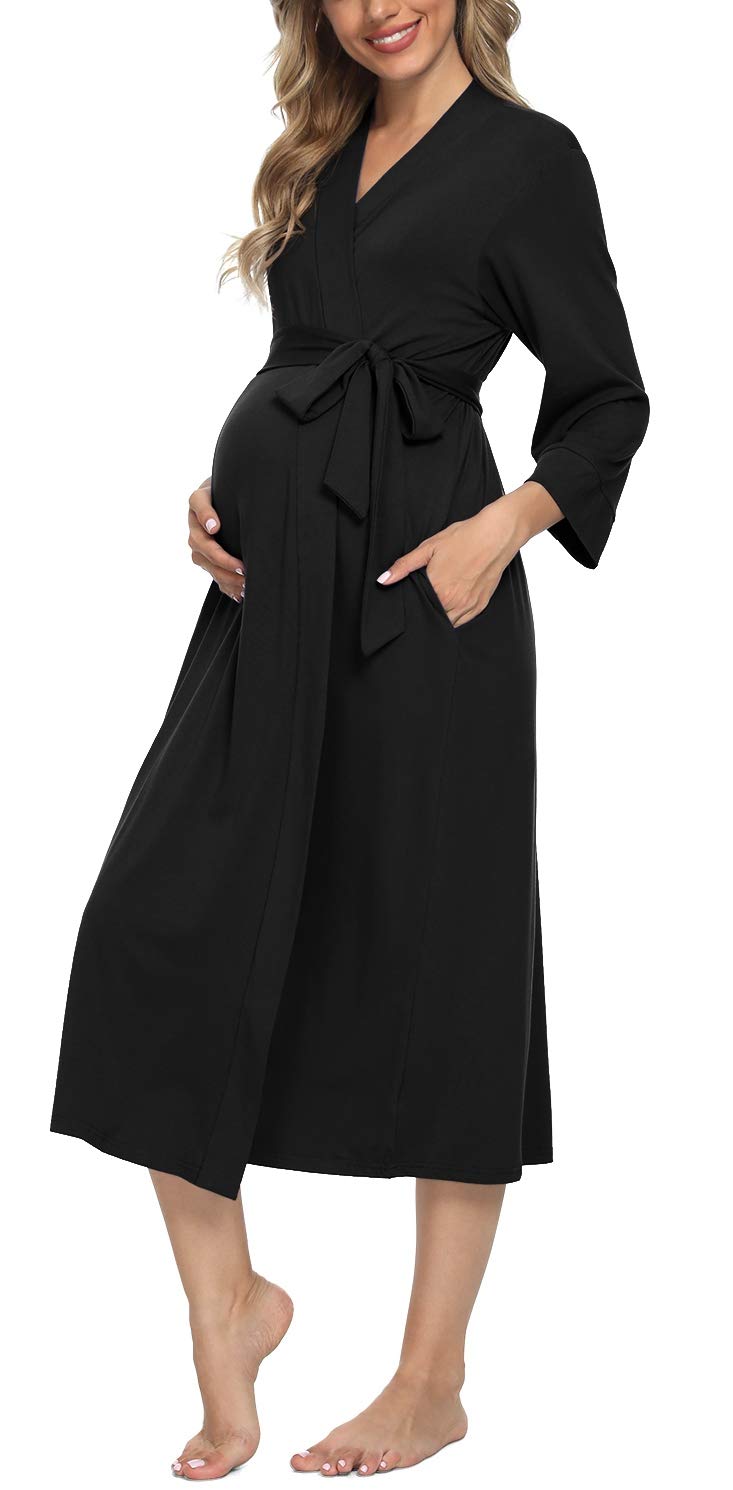 Xpenyo Women's Maternity Nursing Robe, V-Neck Wrap Nightgown with Adjustable Waist Tie and Pockets