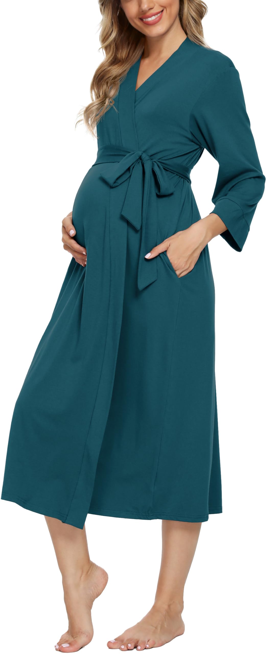 Xpenyo Women's Maternity Nursing Robe, V-Neck Wrap Nightgown with Adjustable Waist Tie and Pockets