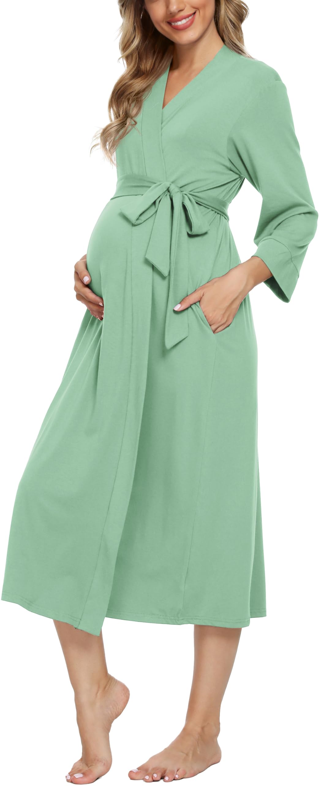 Xpenyo Women's Maternity Nursing Robe, V-Neck Wrap Nightgown with Adjustable Waist Tie and Pockets