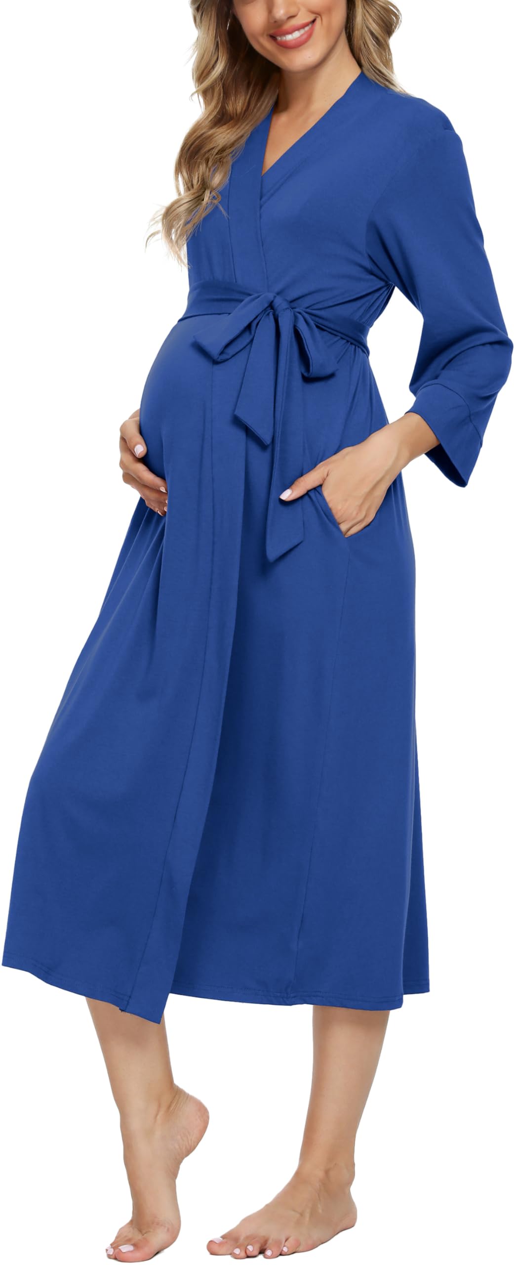 Xpenyo Women's Maternity Nursing Robe, V-Neck Wrap Nightgown with Adjustable Waist Tie and Pockets
