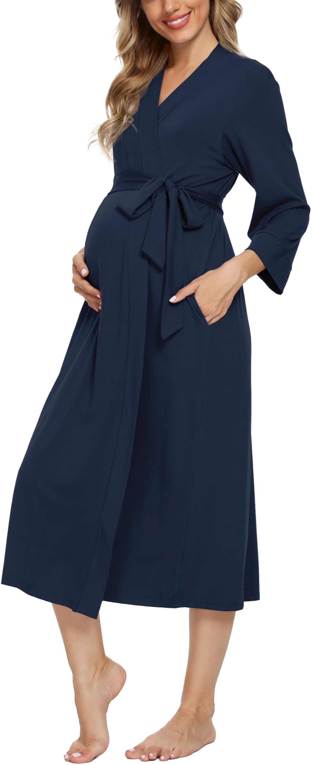 Xpenyo Women's Maternity Nursing Robe, V-Neck Wrap Nightgown with Adjustable Waist Tie and Pockets