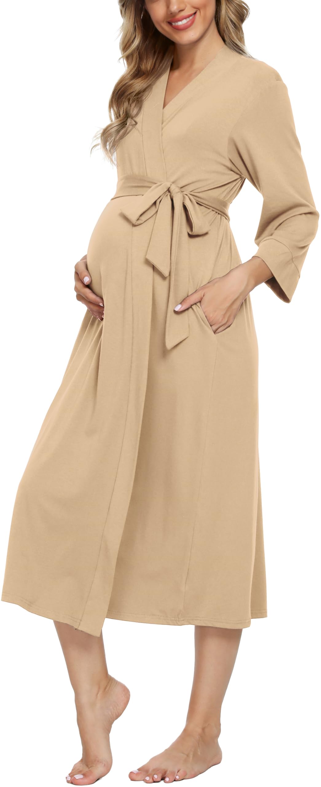 Xpenyo Women's Maternity Nursing Robe, V-Neck Wrap Nightgown with Adjustable Waist Tie and Pockets