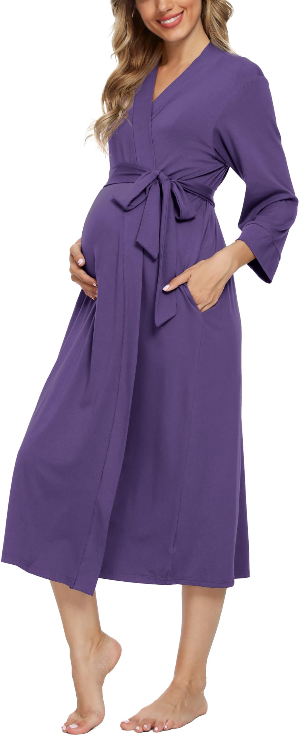 Xpenyo Women's Maternity Nursing Robe, V-Neck Wrap Nightgown with Adjustable Waist Tie and Pockets