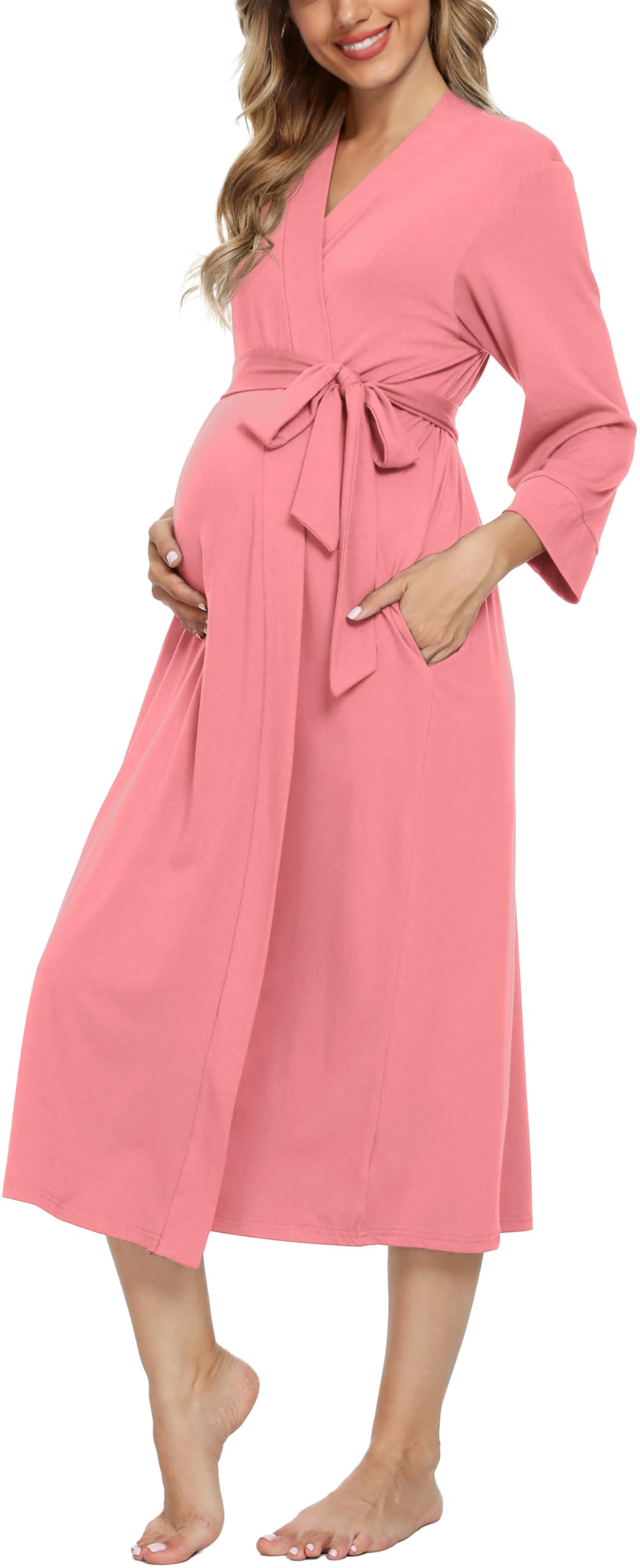 Xpenyo Women's Maternity Nursing Robe, V-Neck Wrap Nightgown with Adjustable Waist Tie and Pockets