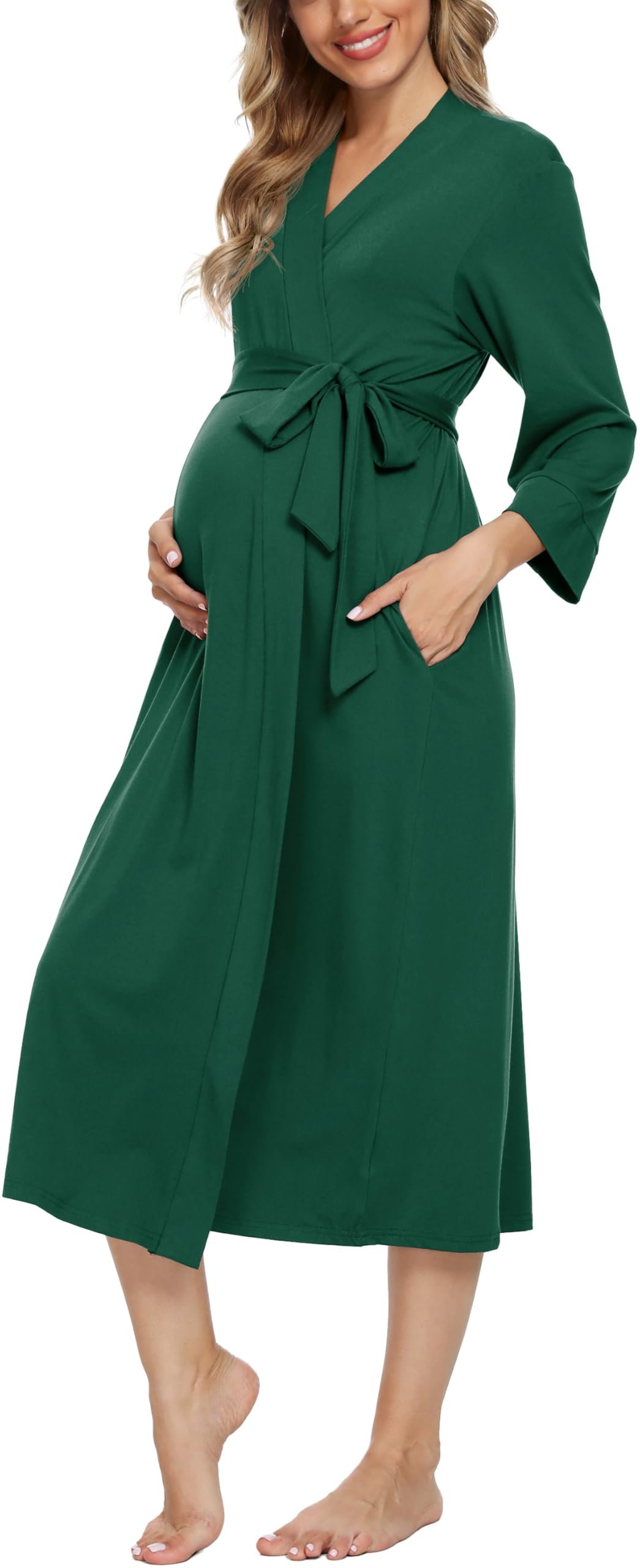 Xpenyo Women's Maternity Nursing Robe, V-Neck Wrap Nightgown with Adjustable Waist Tie and Pockets