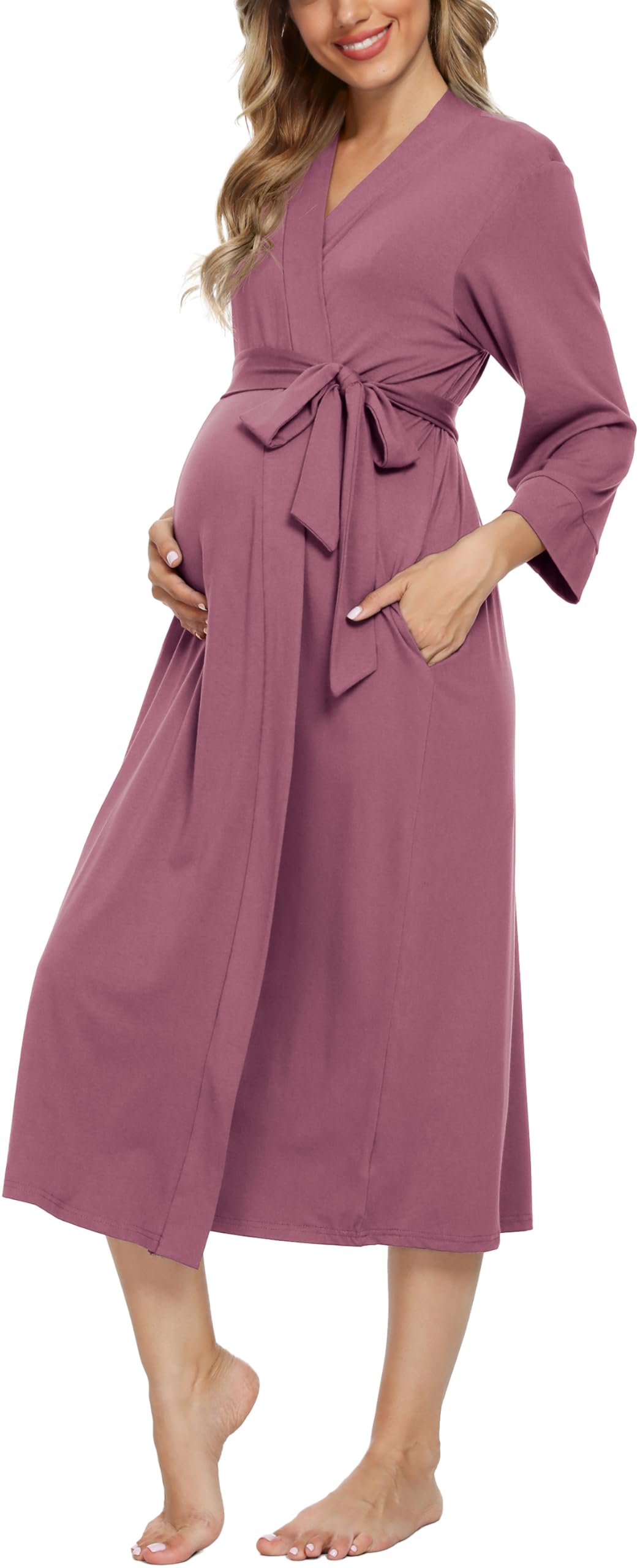 Xpenyo Women's Maternity Nursing Robe, V-Neck Wrap Nightgown with Adjustable Waist Tie and Pockets