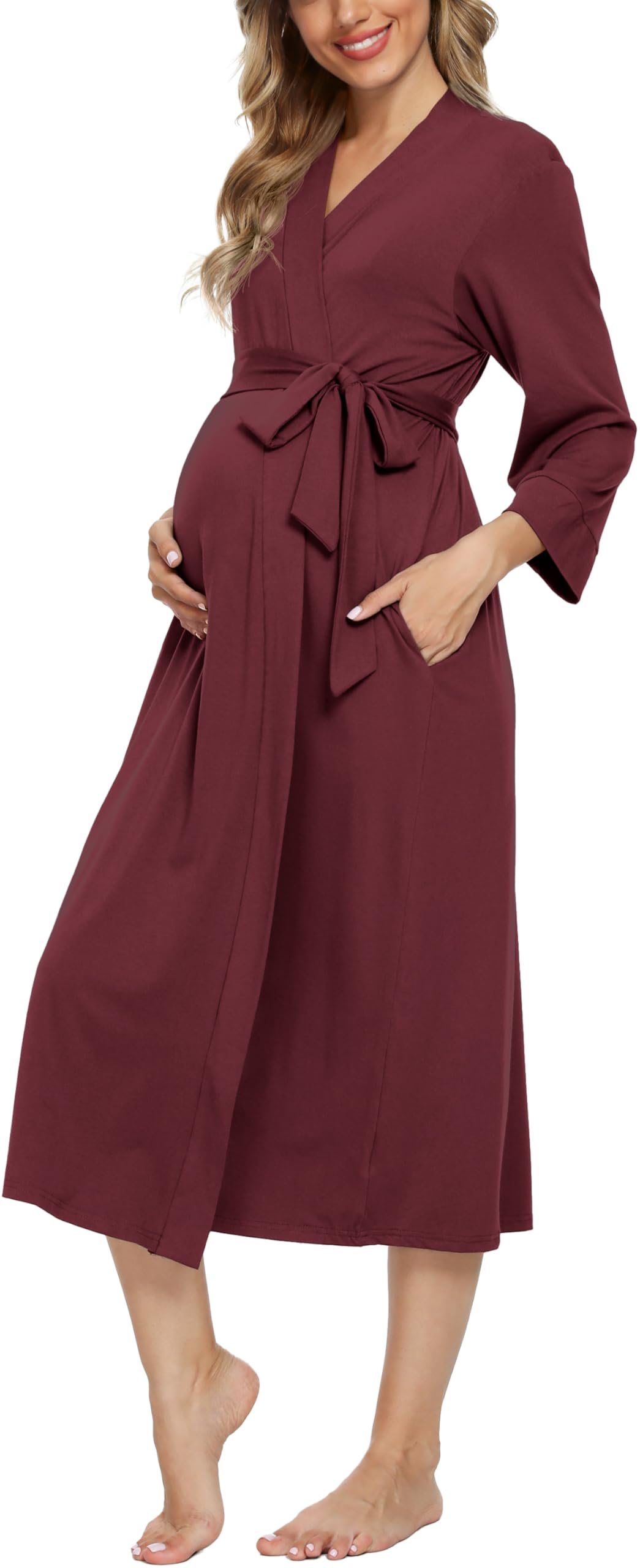Xpenyo Women's Maternity Nursing Robe, V-Neck Wrap Nightgown with Adjustable Waist Tie and Pockets