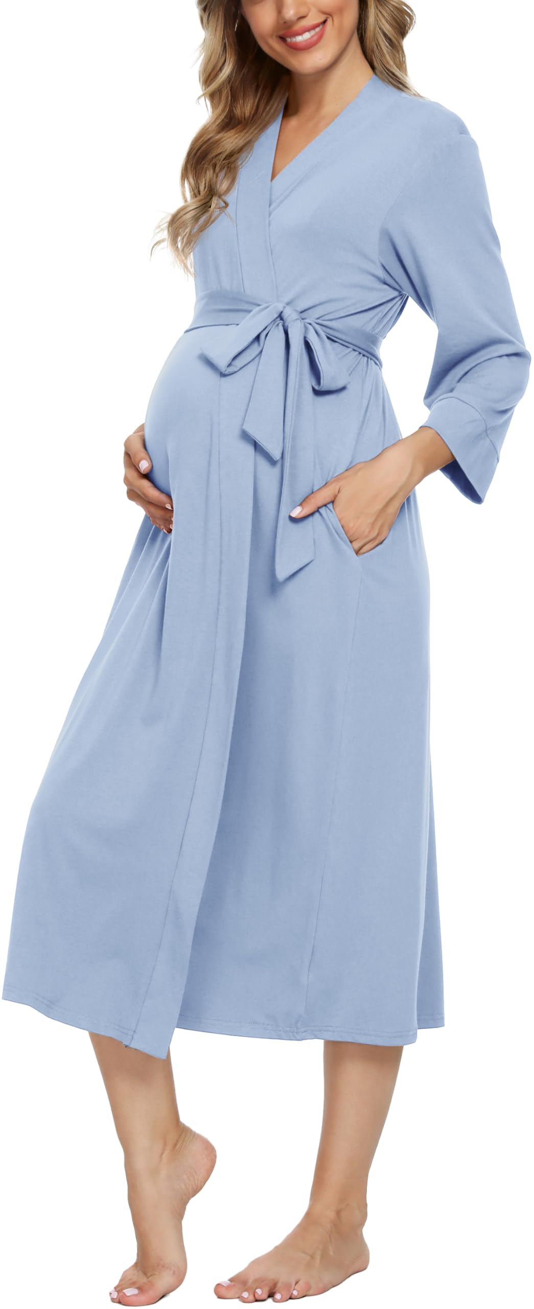 Xpenyo Women's Maternity Nursing Robe, V-Neck Wrap Nightgown with Adjustable Waist Tie and Pockets