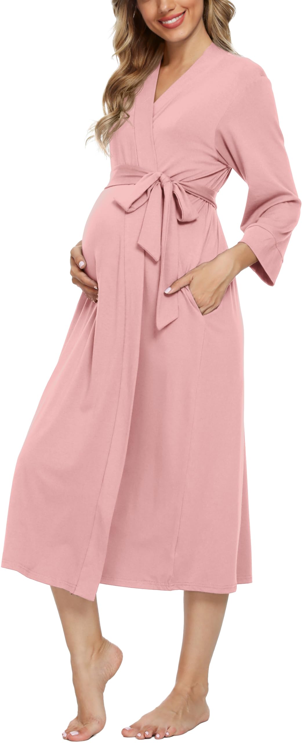 Xpenyo Women's Maternity Nursing Robe, V-Neck Wrap Nightgown with Adjustable Waist Tie and Pockets