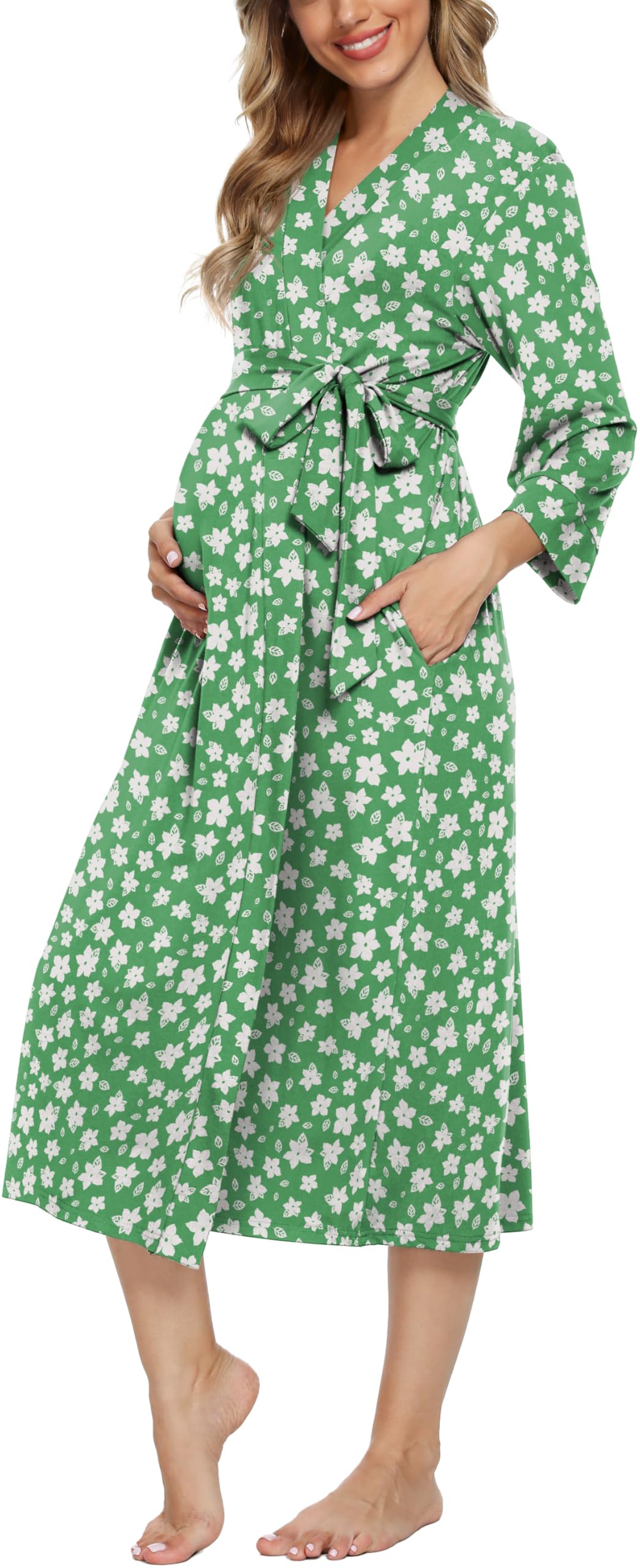 Xpenyo Women's Maternity Nursing Robe, V-Neck Wrap Nightgown with Adjustable Waist Tie and Pockets
