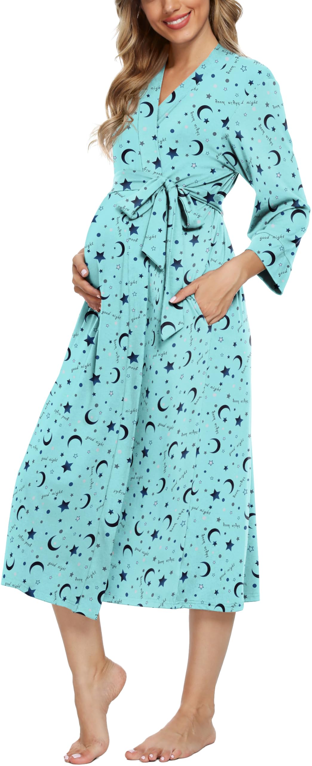 Xpenyo Women's Maternity Nursing Robe, V-Neck Wrap Nightgown with Adjustable Waist Tie and Pockets