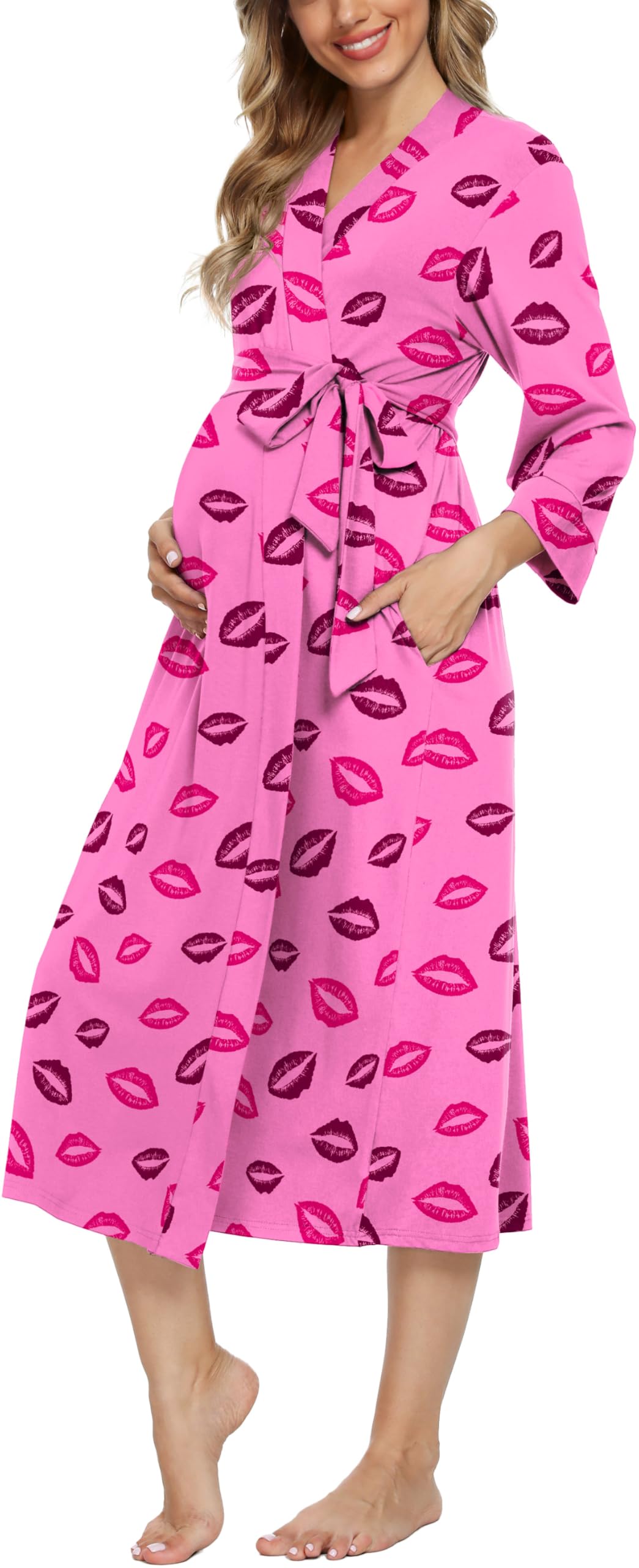 Xpenyo Women's Maternity Nursing Robe, V-Neck Wrap Nightgown with Adjustable Waist Tie and Pockets