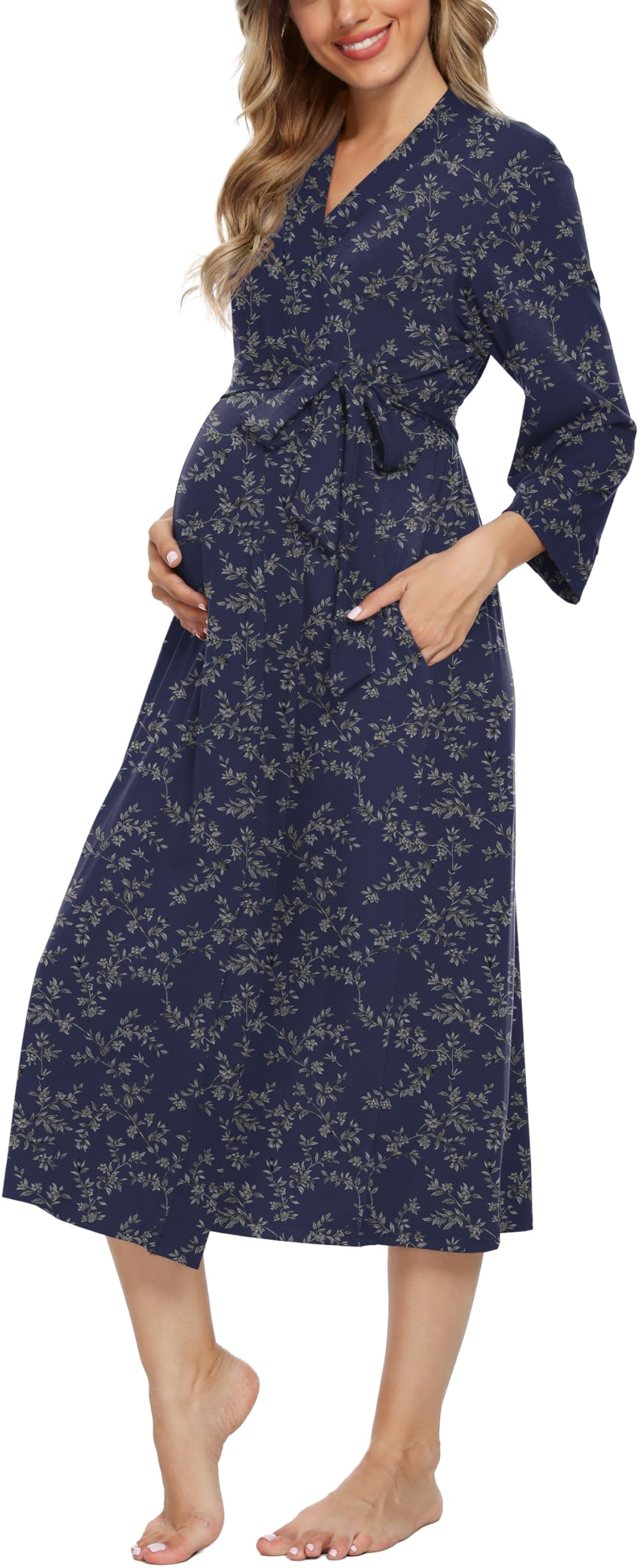Xpenyo Women's Maternity Nursing Robe, V-Neck Wrap Nightgown with Adjustable Waist Tie and Pockets