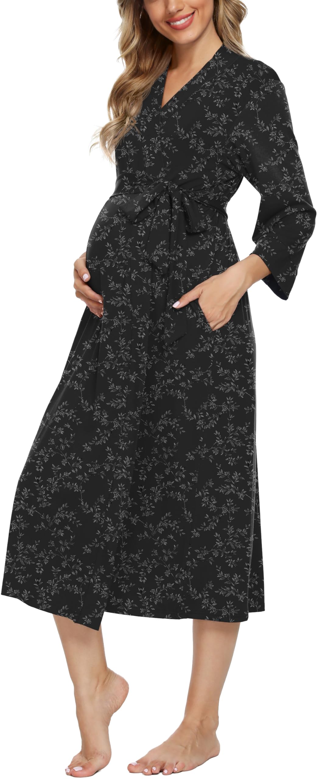Xpenyo Women's Maternity Nursing Robe, V-Neck Wrap Nightgown with Adjustable Waist Tie and Pockets