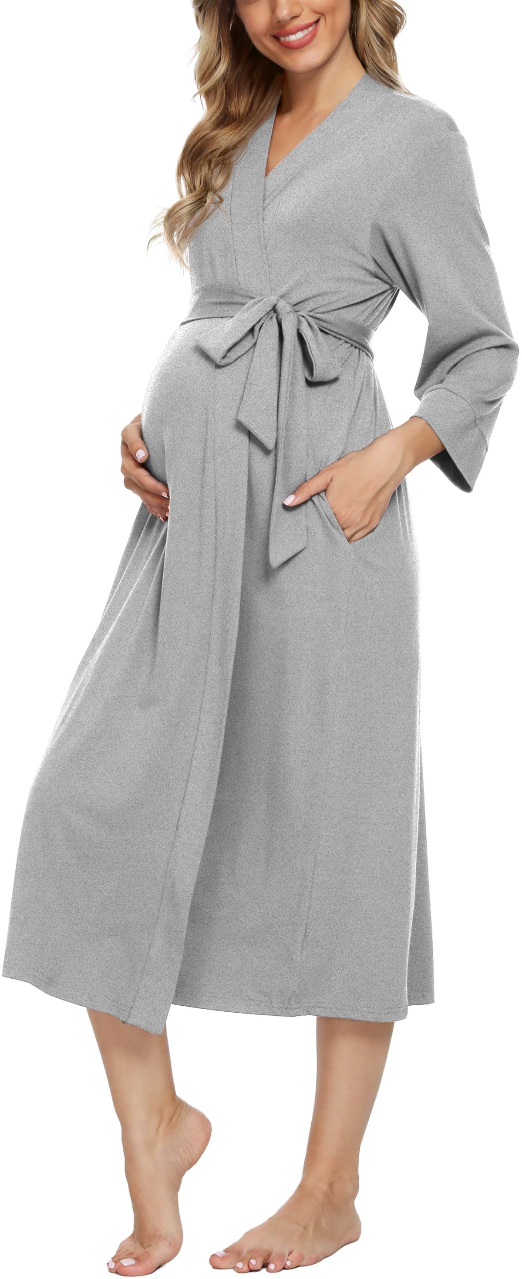 Xpenyo Women's Maternity Nursing Robe, V-Neck Wrap Nightgown with Adjustable Waist Tie and Pockets