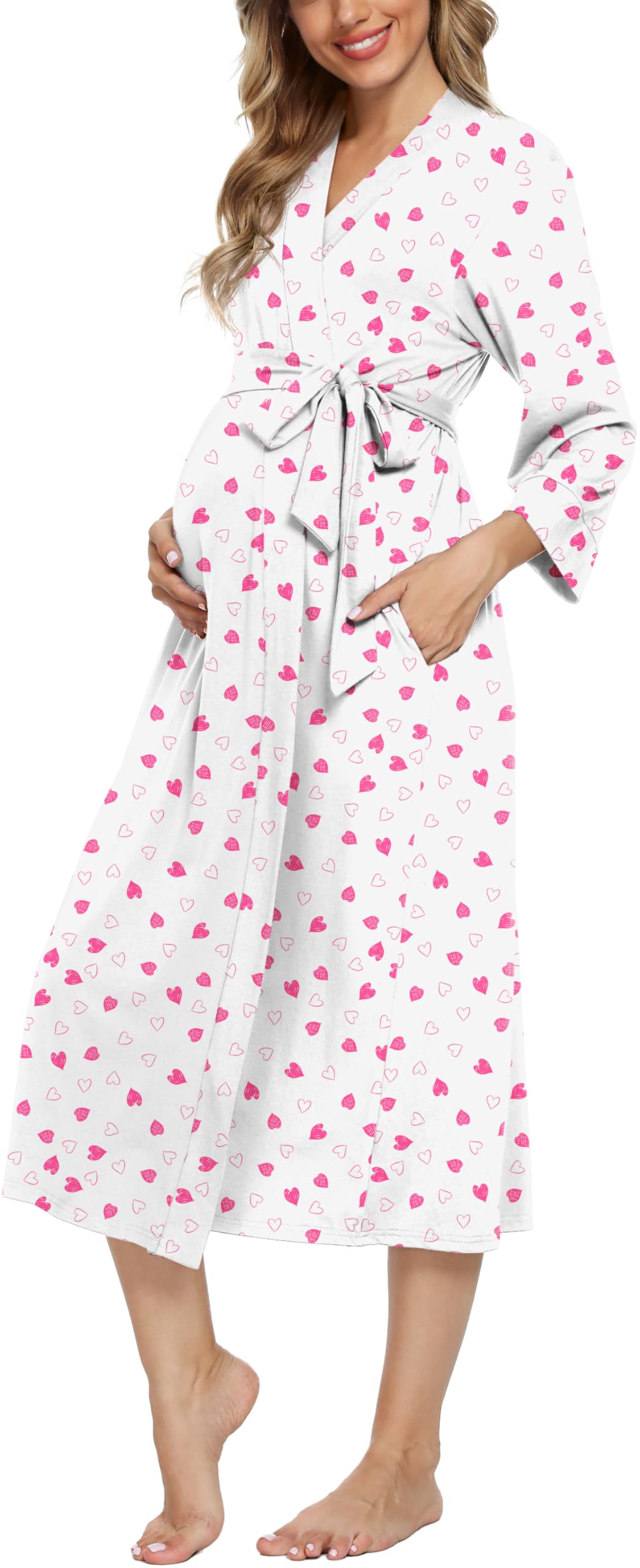 Xpenyo Women's Maternity Nursing Robe, V-Neck Wrap Nightgown with Adjustable Waist Tie and Pockets