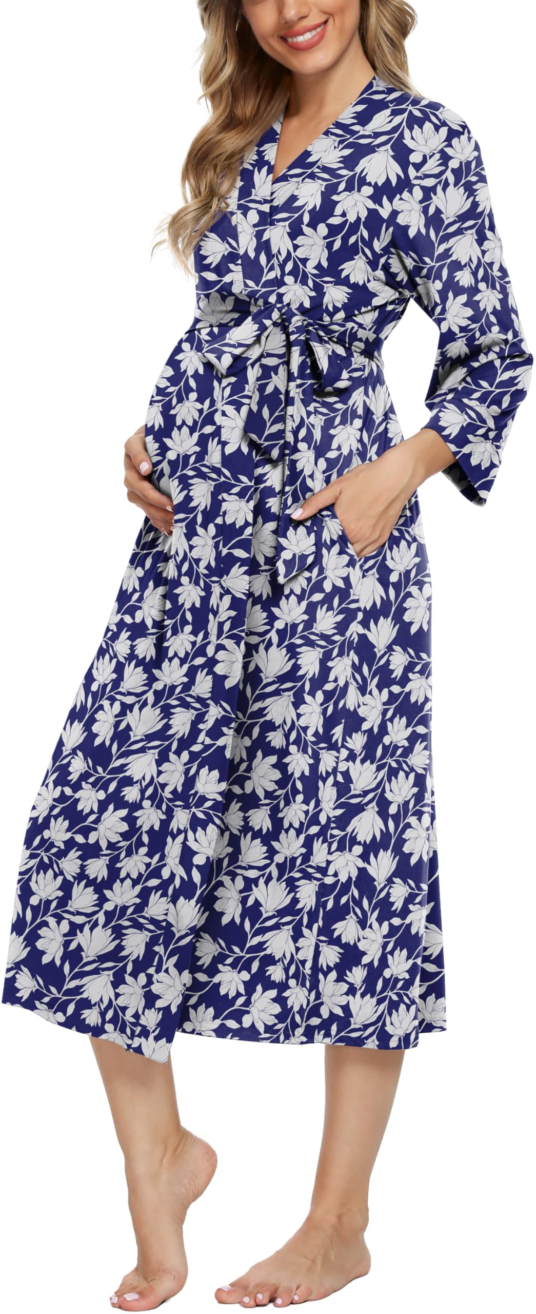 Xpenyo Women's Maternity Nursing Robe, V-Neck Wrap Nightgown with Adjustable Waist Tie and Pockets