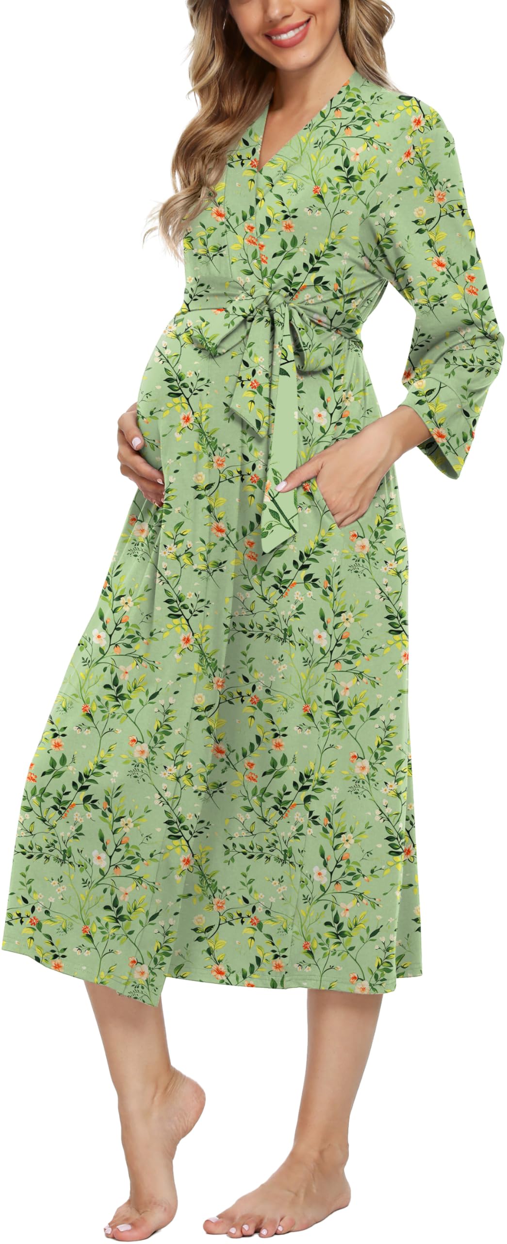 Xpenyo Women's Maternity Nursing Robe, V-Neck Wrap Nightgown with Adjustable Waist Tie and Pockets