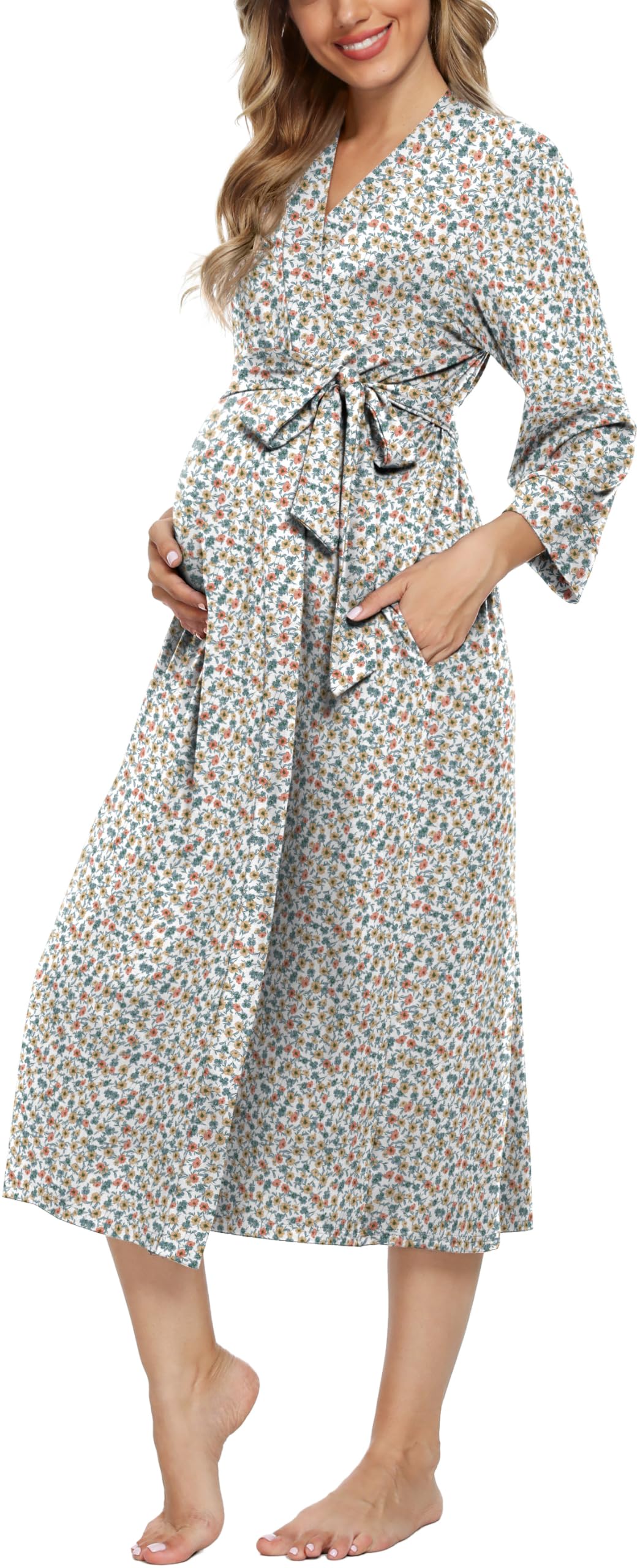 Xpenyo Women's Maternity Nursing Robe, V-Neck Wrap Nightgown with Adjustable Waist Tie and Pockets