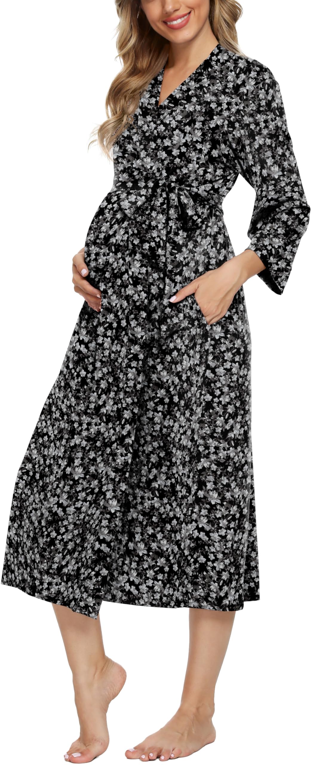 Xpenyo Women's Maternity Nursing Robe, V-Neck Wrap Nightgown with Adjustable Waist Tie and Pockets